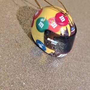 Nascar Yellow Helmet Ornament with Red Green Blue M&M Decals